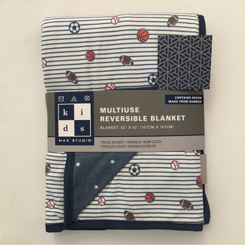 NEW Baby Blanket Multi-use Stripes Sports Theme Reversible to Stars| Max Studio